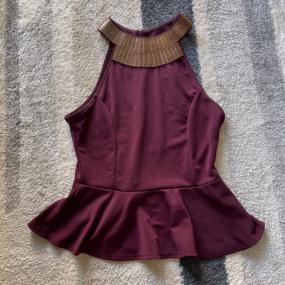 Peplum top with gold metal neck